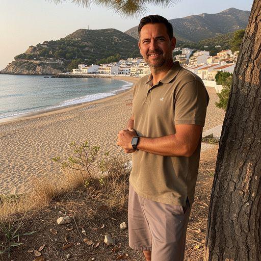 Atleta disfrutando de un batido energético frente a un paisaje montañoso en España.